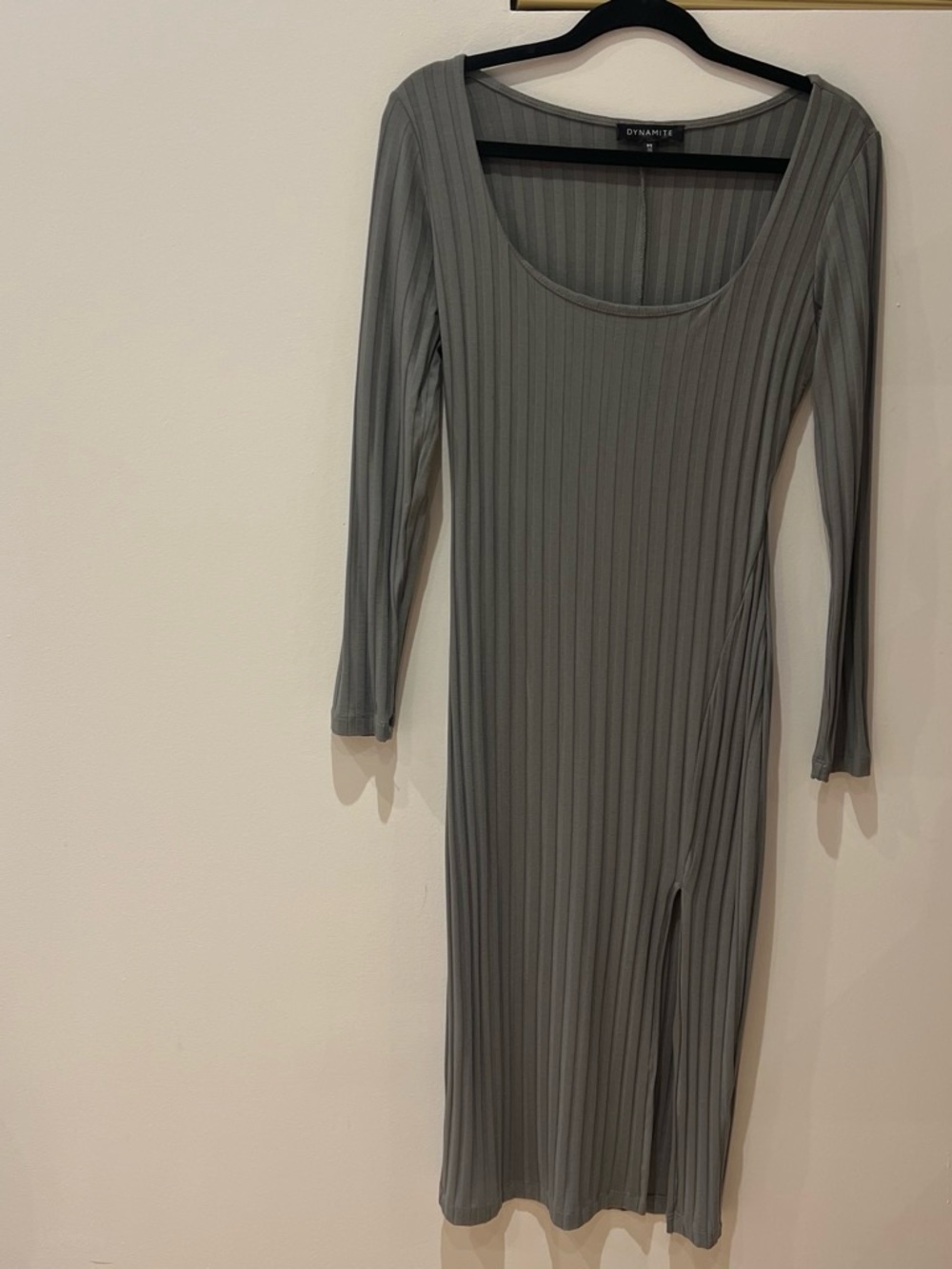 Dynamite Ribbed Scoop Neck Long Sleeve Midi Dress - Olive Green